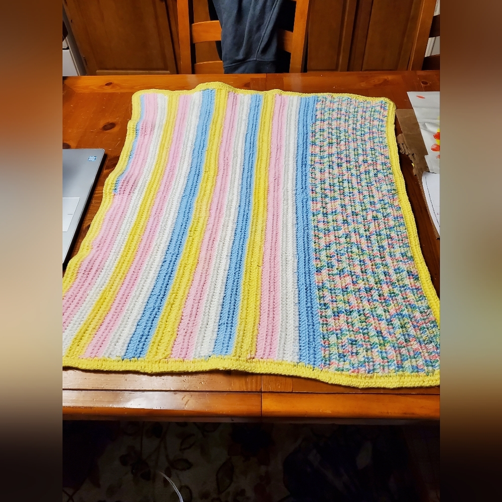 Hand Crafted 34"x29" Crochet Baby Blanket pink, yellow, white, blue